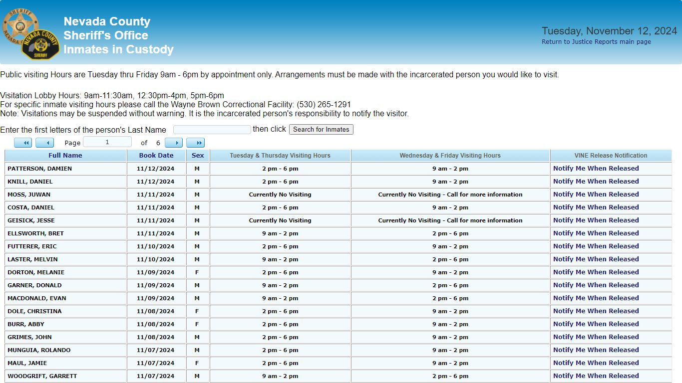 Inmates in Custody - County of Nevada Public Reporting