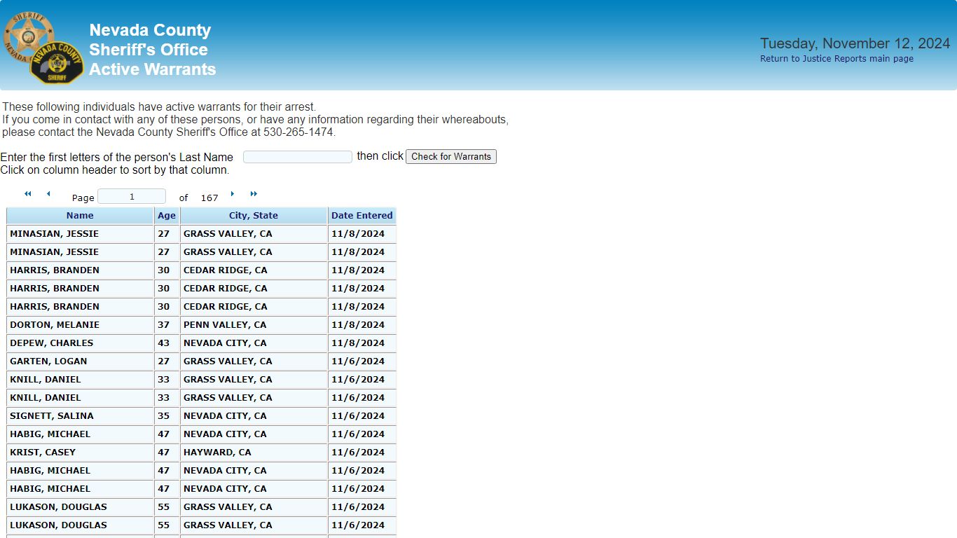 Active Warrants - County of Nevada Public Reporting